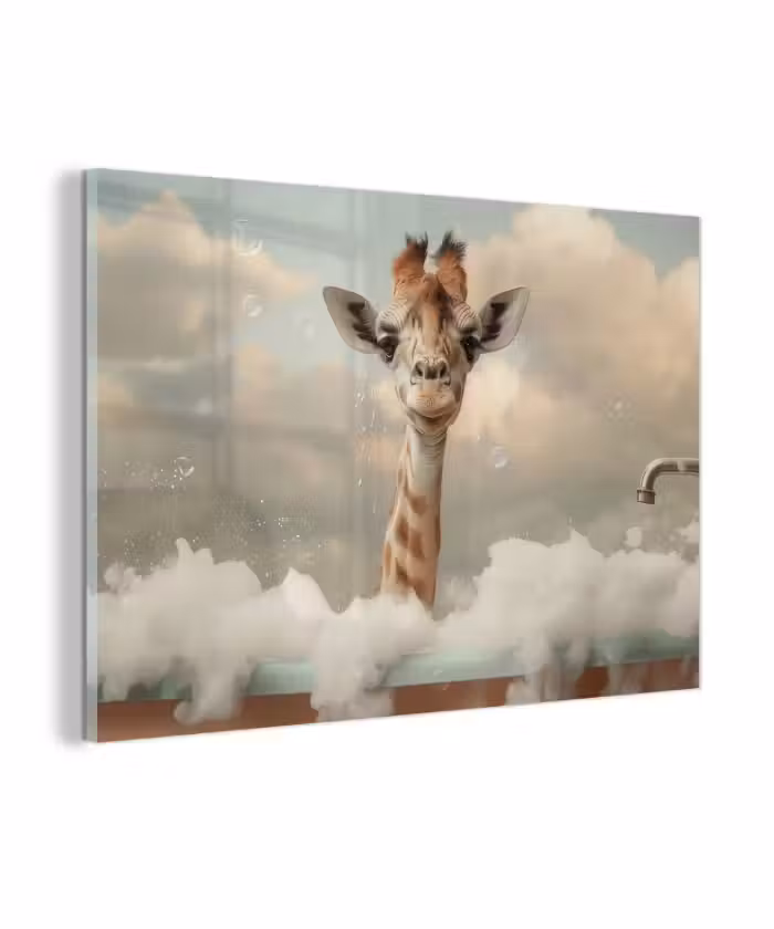 Glas schilderij - Giraffe - Wilde dieren - Bad - Schuim